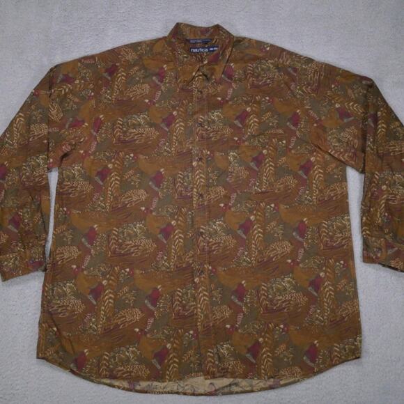 Nautica Vtg 90's Shirt Mens 2XL Bird Pheasant All Over Button Down Long Sleeve - Picture 1 of 10